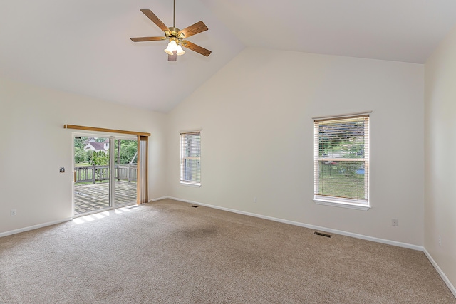 6602 Robindale Dr, Ypsilanti, MI 48197 - unfurnished room with high vaulted ceiling, a ceiling fan, and carpet flooring