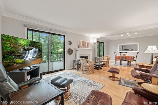 1109 Ivyglen Cir, Bloomfield Hills, MI 48304 - living area with plenty of natural light, ornamental molding, wood finished floors, a fireplace, and recessed lighting
