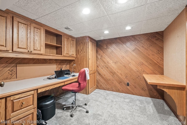 1109 Ivyglen Cir, Bloomfield Hills, MI 48304 - office area with recessed lighting, carpet flooring, wooden walls, and built in desk