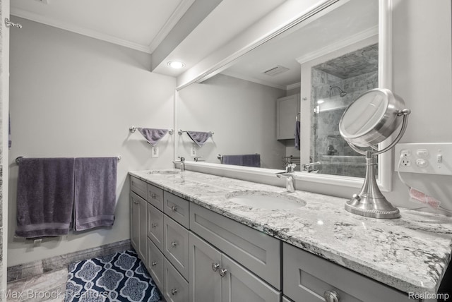 1109 Ivyglen Cir, Bloomfield Hills, MI 48304 - bathroom with ornamental molding, double vanity, and a stall shower