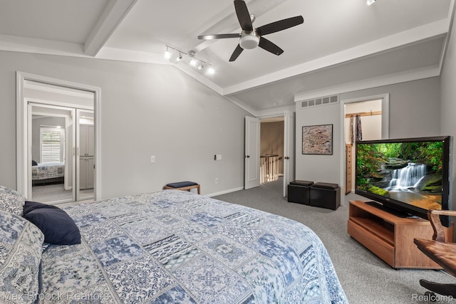1109 Ivyglen Cir, Bloomfield Hills, MI 48304 - carpeted bedroom featuring rail lighting, ceiling fan, and ensuite bath