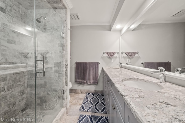1109 Ivyglen Cir, Bloomfield Hills, MI 48304 - bathroom with double vanity, ornamental molding, and a stall shower