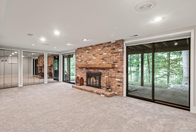 1109 Ivyglen Cir, Bloomfield Hills, MI 48304 - unfurnished living room with a fireplace, carpet flooring, plenty of natural light, and recessed lighting