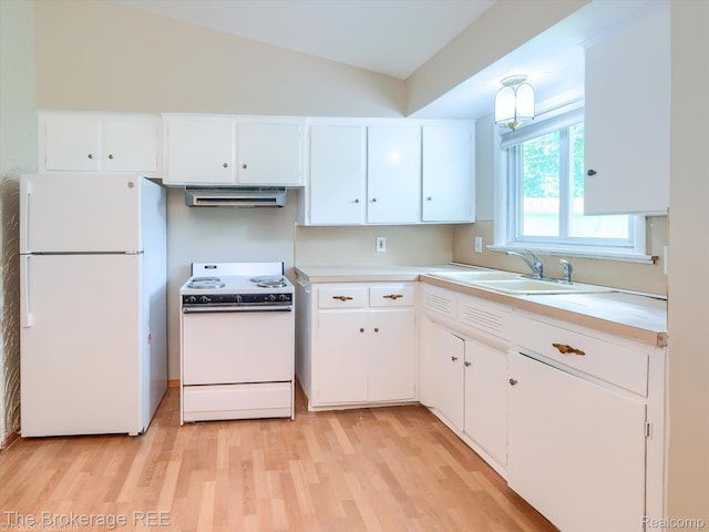 515 Juniper Dr, Davison, MI 48423 - kitchen featuring white appliances, exhaust hood, light wood-type flooring, white cabinets, and light countertops