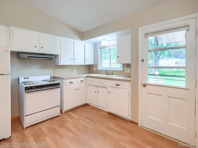 515 Juniper Dr, Davison, MI 48423 - kitchen featuring white appliances, ventilation hood, light wood-style flooring, white cabinetry, and vaulted ceiling