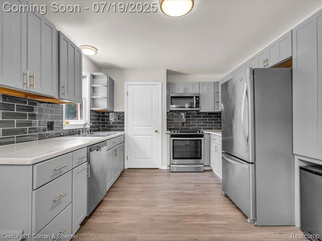 3850 Parker St, Dearborn, MI 48124 - kitchen featuring stainless steel appliances, open shelves, gray cabinets, and backsplash