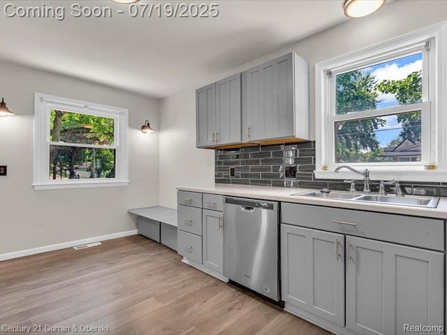 3850 Parker St, Dearborn, MI 48124 - kitchen featuring stainless steel dishwasher, gray cabinetry, and light countertops