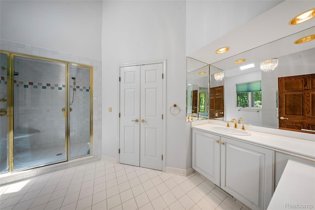 8931 Bridge Rd, Grosse Ile, MI 48138 - full bathroom with vanity, a shower stall, and tile patterned floors