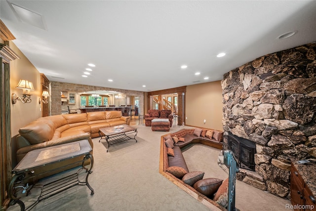 8931 Bridge Rd, Grosse Ile, MI 48138 - living room featuring carpet, recessed lighting, and a fireplace