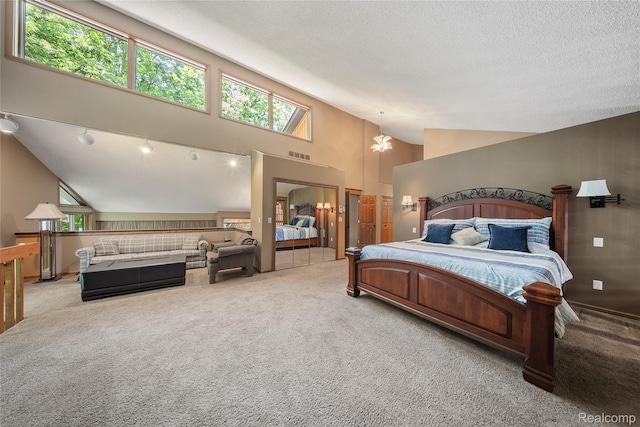 8931 Bridge Rd, Grosse Ile, MI 48138 - carpeted bedroom featuring high vaulted ceiling, a chandelier, and a textured ceiling