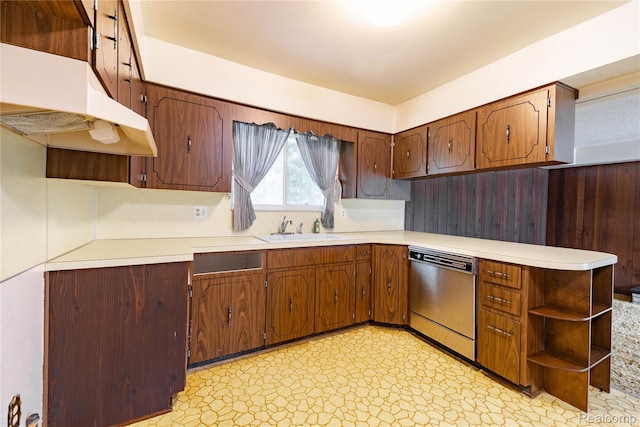 21819 Meridian Rd, Grosse Ile, MI 48138 - kitchen featuring dishwasher, open shelves, light countertops, and under cabinet range hood