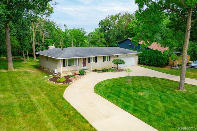 21819 Meridian Rd, Grosse Ile, MI 48138 - ranch-style house with driveway, roof with shingles, a garage, and a front yard