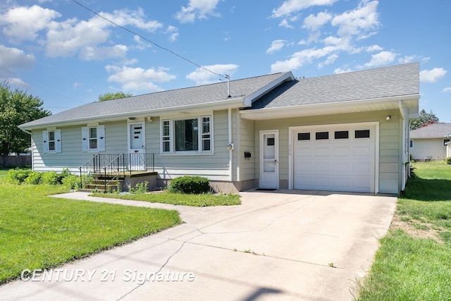 306 Macomber Ave, Auburn, MI 48611 - ranch-style house with a garage, concrete driveway, a front lawn, and roof with shingles