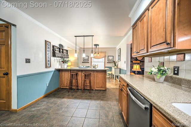 978 Oak Ridge Cir, Brighton, MI 48116 - kitchen featuring stainless steel dishwasher, brown cabinetry, ornamental molding, a peninsula, and tasteful backsplash