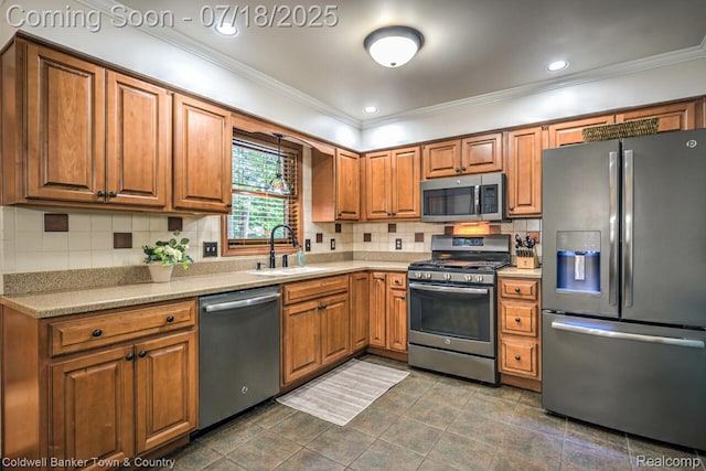978 Oak Ridge Cir, Brighton, MI 48116 - kitchen featuring appliances with stainless steel finishes, ornamental molding, brown cabinets, light countertops, and tasteful backsplash