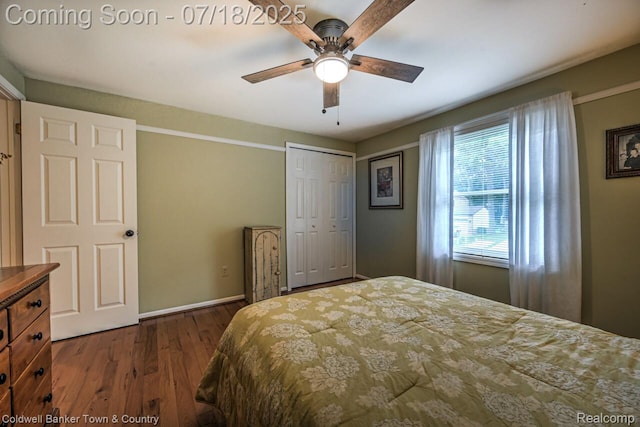 978 Oak Ridge Cir, Brighton, MI 48116 - bedroom with dark wood-type flooring, a closet, and a ceiling fan