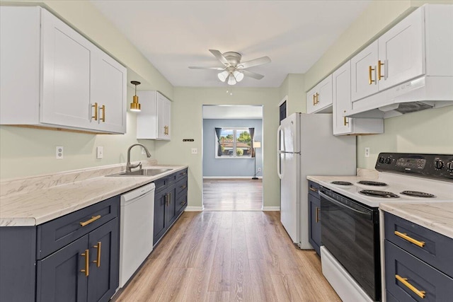 22830 Lincoln Ct, Saint Clair Shores, MI 48082 - kitchen with white appliances, under cabinet range hood, white cabinetry, and a ceiling fan
