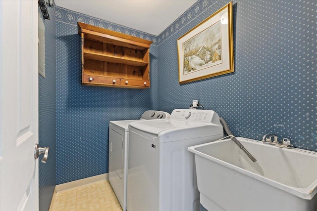 22830 Lincoln Ct, Saint Clair Shores, MI 48082 - laundry area with washing machine and clothes dryer and wallpapered walls