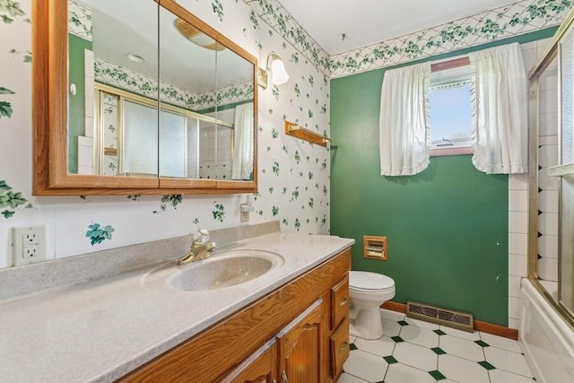 13613 Log Cabin Rd, Three Oaks, MI 49128 - full bathroom featuring vanity, wallpapered walls, and combined bath / shower with glass door