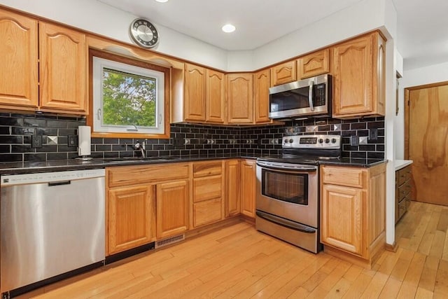 13613 Log Cabin Rd, Three Oaks, MI 49128 - kitchen with appliances with stainless steel finishes, light wood-type flooring, dark countertops, and tasteful backsplash