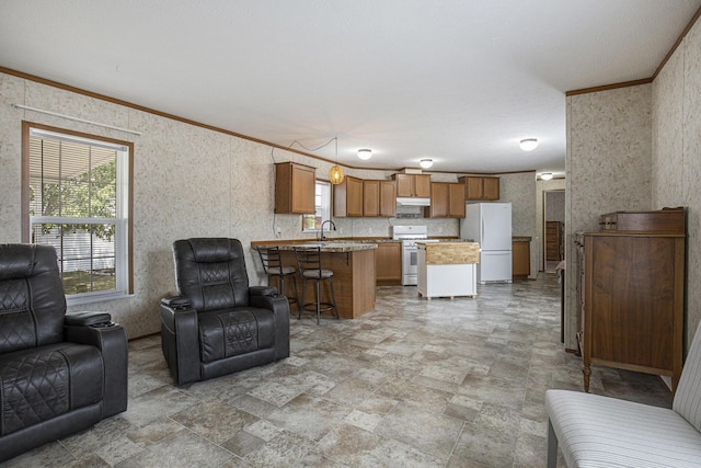 13750 Primrose Ln, Cedar Springs, MI 49319 - living area with ornamental molding and light stone finish floors