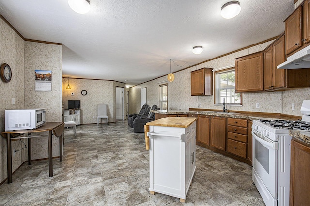 13750 Primrose Ln, Cedar Springs, MI 49319 - kitchen featuring white appliances, ornamental molding, open floor plan, brown cabinets, and wooden counters
