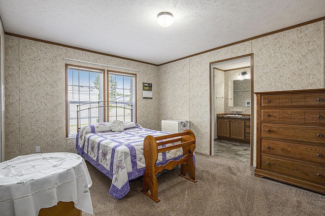 13750 Primrose Ln, Cedar Springs, MI 49319 - bedroom with crown molding, carpet, a textured ceiling, and ensuite bath