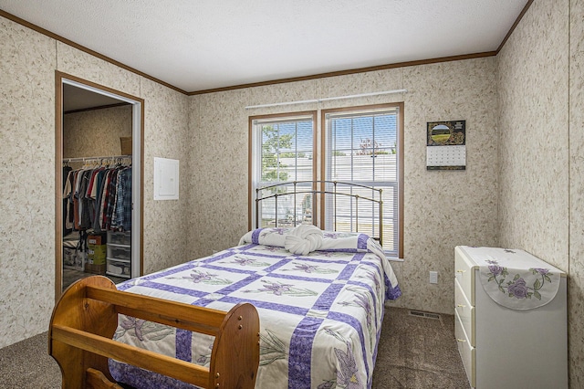 13750 Primrose Ln, Cedar Springs, MI 49319 - carpeted bedroom with ornamental molding, a textured ceiling, and a walk in closet