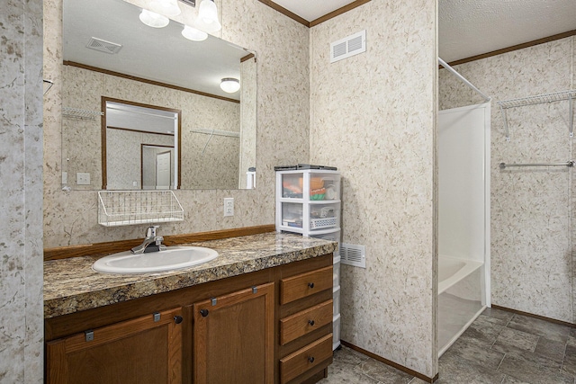 13750 Primrose Ln, Cedar Springs, MI 49319 - bathroom with ornamental molding, vanity, and  shower combination