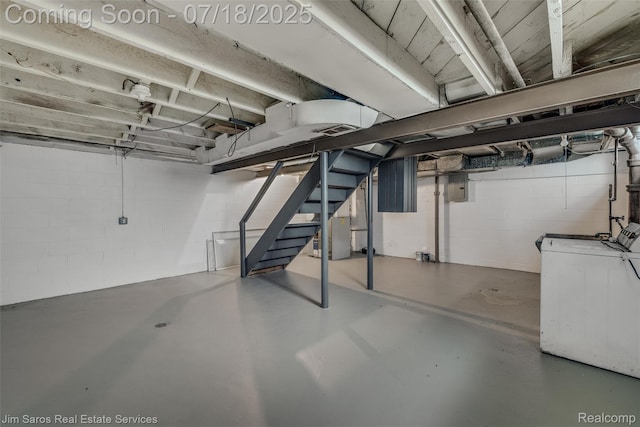 302 Alter Rd, Detroit, MI 48215 - unfinished basement with washer / clothes dryer, stairway, and electric panel