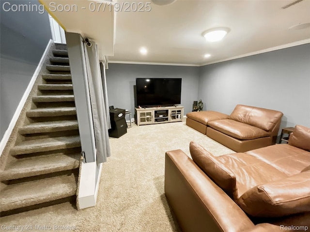 5363 Irish Rd, Grand Blanc, MI 48439 - carpeted living area with crown molding and stairs