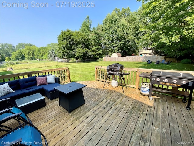 5363 Irish Rd, Grand Blanc, MI 48439 - wooden deck with an outdoor hangout area, a fenced backyard, and view of wooded area