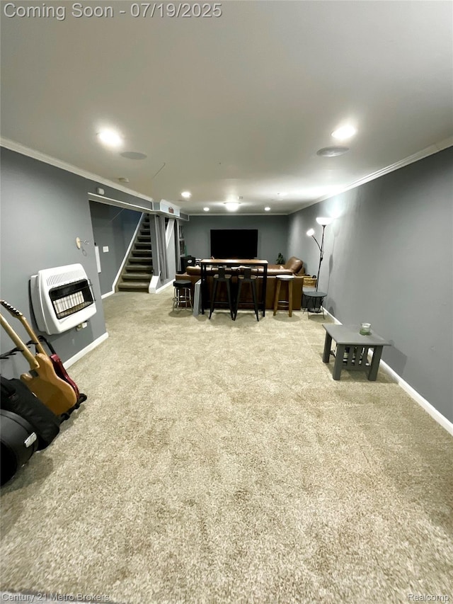 5363 Irish Rd, Grand Blanc, MI 48439 - recreation room with heating unit, carpet, crown molding, and recessed lighting
