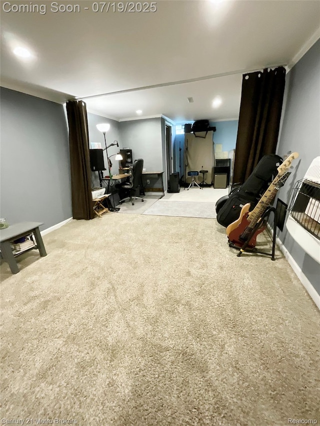 5363 Irish Rd, Grand Blanc, MI 48439 - playroom with an office area, carpet flooring, ornamental molding, and recessed lighting