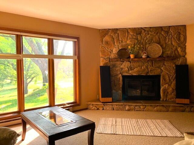 18354 Mount Zion Rd, Galien, MI 49113 - living area with carpet floors and a stone fireplace
