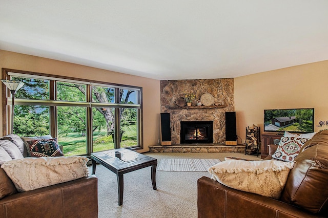 18354 Mount Zion Rd, Galien, MI 49113 - carpeted living area featuring a stone fireplace