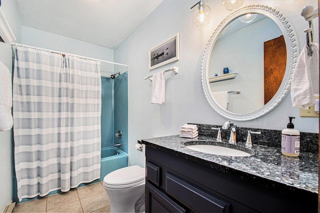 18354 Mount Zion Rd, Galien, MI 49113 - full bathroom featuring vanity, shower / bath combo, tile patterned floors, and baseboard heating
