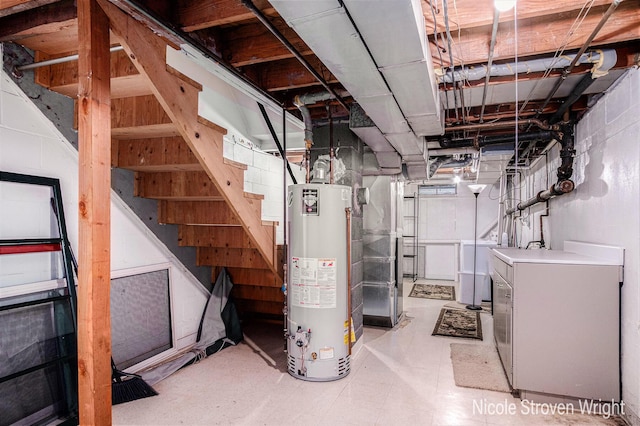 2146 Lansing St SE, Grand Rapids, MI 49506 - unfinished basement featuring water heater, washer / clothes dryer, and stairs
