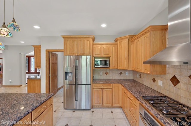 40600 8 Mile Rd, Northville, MI 48167 - kitchen with stainless steel appliances, wall chimney range hood, dark stone countertops, tasteful backsplash, and decorative light fixtures