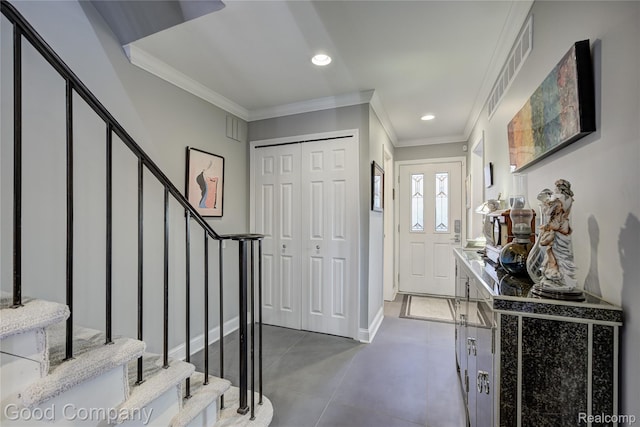 1470 Timberview Trl, Bloomfield Hills, MI 48304 - foyer entrance with stairs, recessed lighting, and ornamental molding