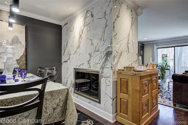 1470 Timberview Trl, Bloomfield Hills, MI 48304 - dining room with dark wood-style floors, ornamental molding, a high end fireplace, and recessed lighting
