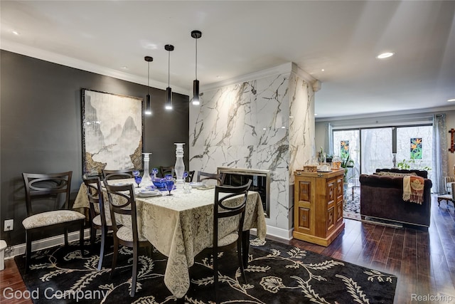 1470 Timberview Trl, Bloomfield Hills, MI 48304 - dining area with hardwood / wood-style flooring, recessed lighting, ornamental molding, and a fireplace
