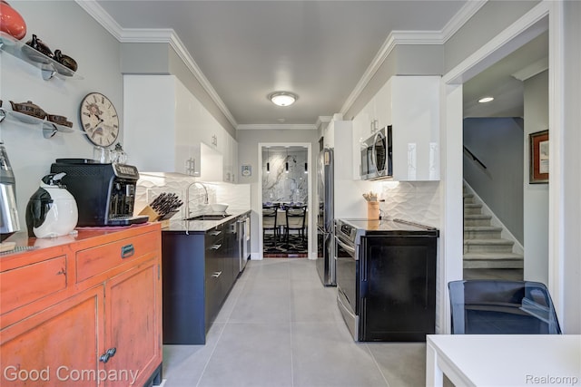 1470 Timberview Trl, Bloomfield Hills, MI 48304 - kitchen with appliances with stainless steel finishes, backsplash, light tile patterned floors, ornamental molding, and white cabinetry