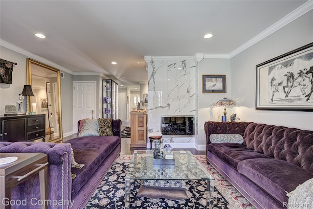 1470 Timberview Trl, Bloomfield Hills, MI 48304 - living room featuring recessed lighting, crown molding, wood finished floors, and a high end fireplace