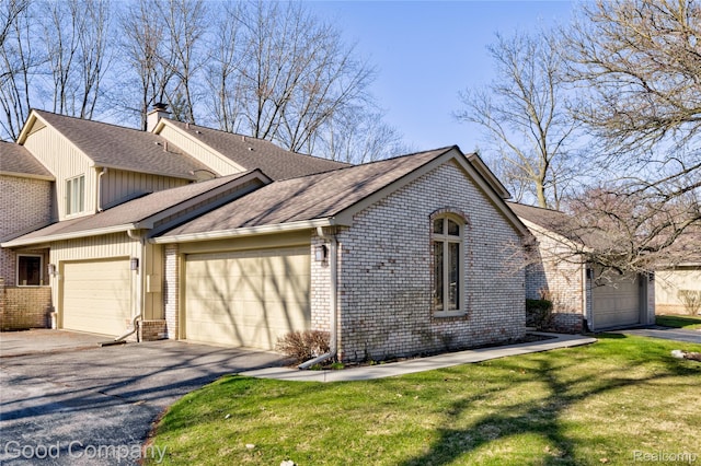 1470 Timberview Trl, Bloomfield Hills, MI 48304 - view of home's exterior featuring brick siding, a garage, asphalt driveway, a chimney, and a shingled roof