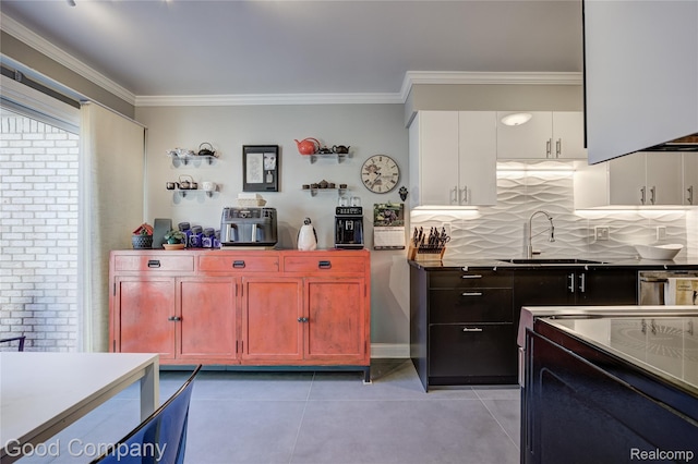 1470 Timberview Trl, Bloomfield Hills, MI 48304 - kitchen with crown molding, light tile patterned floors, tasteful backsplash, white cabinetry, and electric range