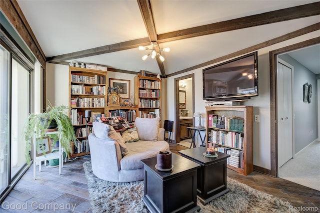 1470 Timberview Trl, Bloomfield Hills, MI 48304 - living area featuring beam ceiling, wood finished floors, and a chandelier