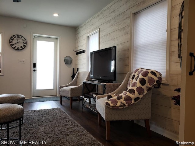 425 Broadway St, Marine City, MI 48039 - living area featuring wood finished floors, wooden walls, and recessed lighting