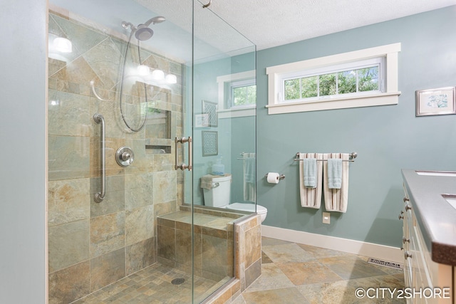 3981 Acadia Dr, Hudsonville, MI 49426 - bathroom with vanity, a stall shower, and a textured ceiling