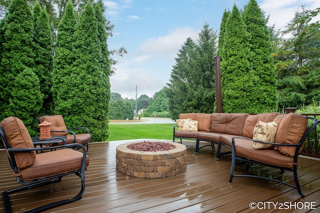 3981 Acadia Dr, Hudsonville, MI 49426 - wooden terrace featuring an outdoor living space with a fire pit and a lawn